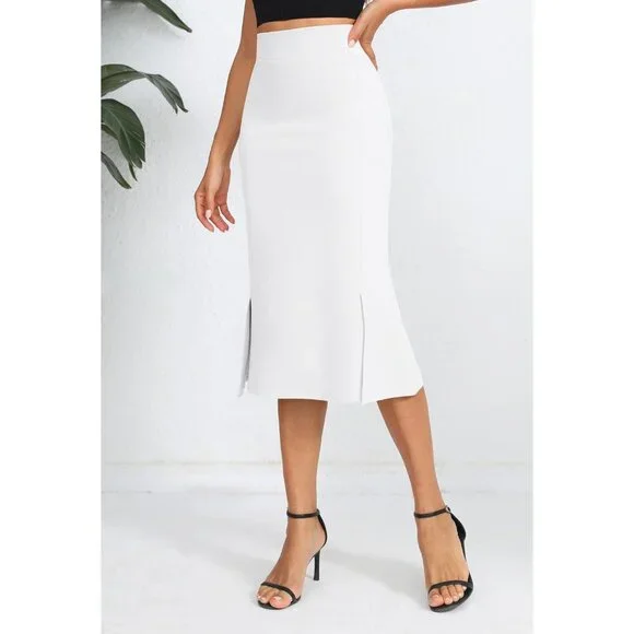 Women's White Stretch Office Fishtail Pencil High Waist Bodycon Slit Midi Skirt - Picture 3 of 6
